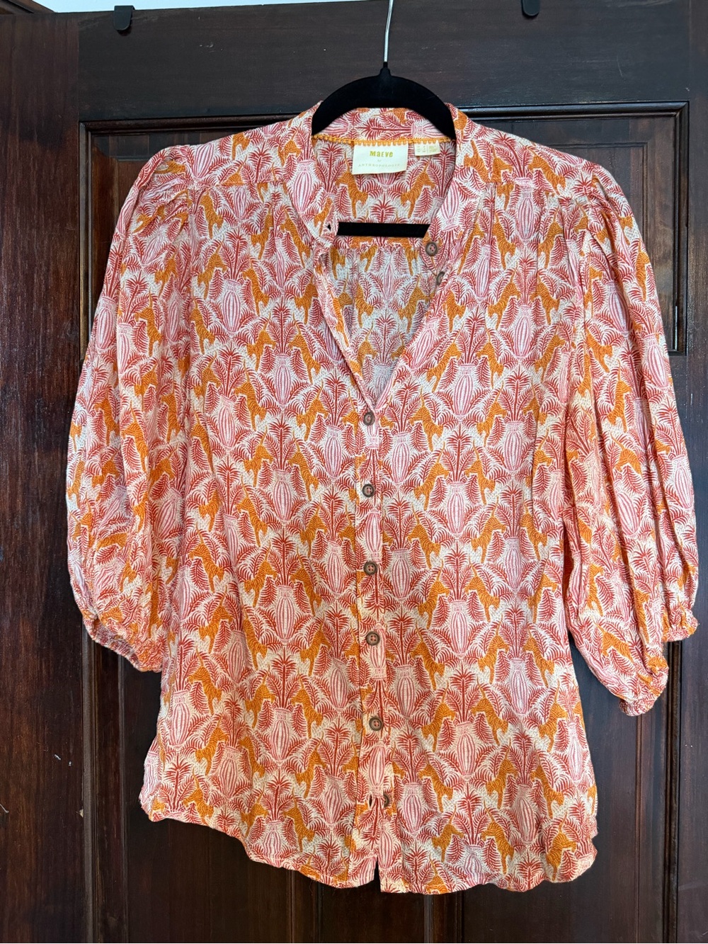 Anthropologie Coral and Mustard Printed Button-Down Blouse
